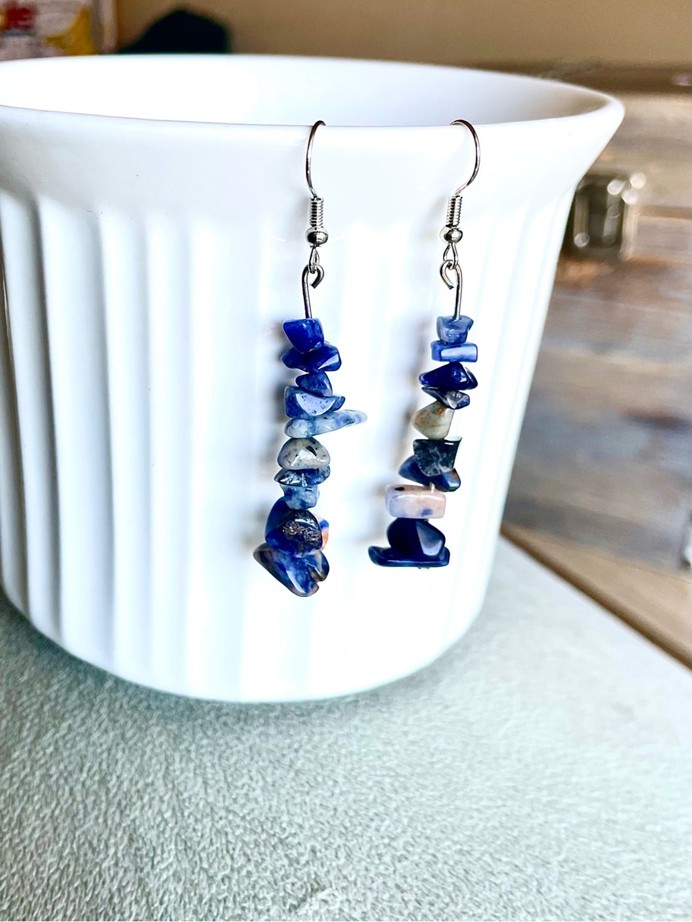 Handmade Blue Chip Stone Dangle Earrings - Picture 5 of 8